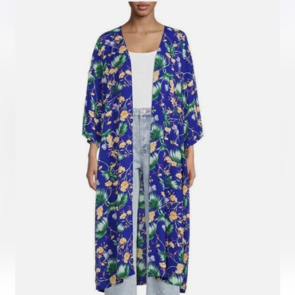 The Pioneer Woman Boho Chic Kimono Duster Blue Floral Butterfly Tropical Sz L/XL